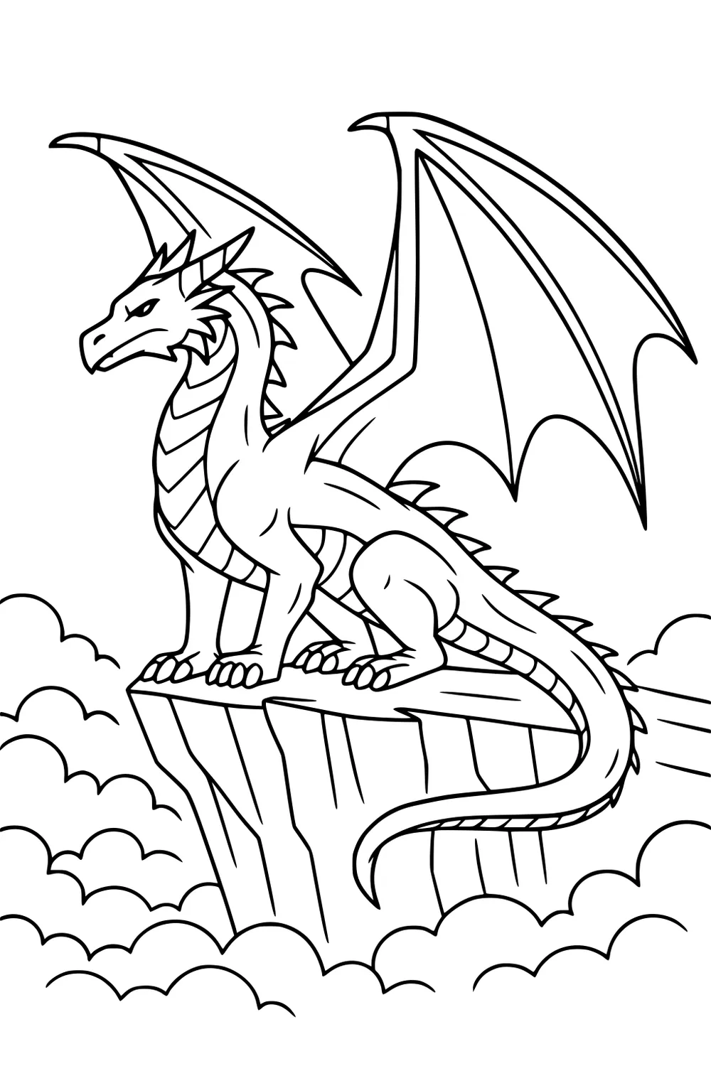 Winged dragon on a rocky cliff above clouds, long tail curved and spiky scales, eyes focused with wings spread wide.