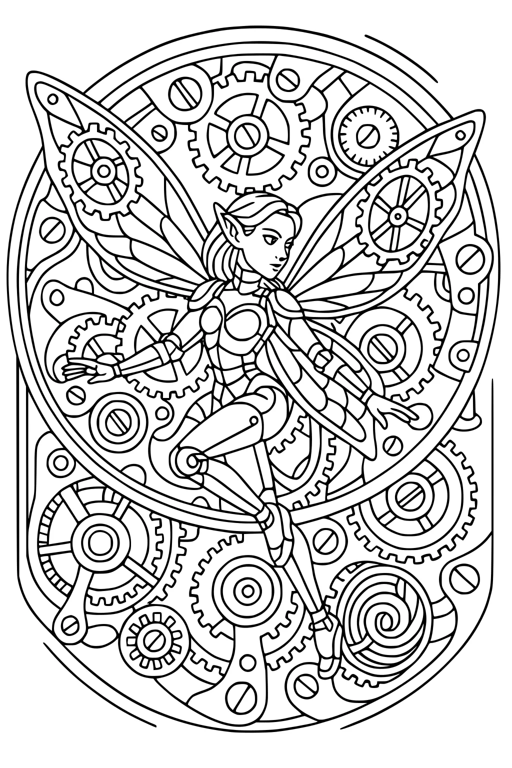 Fairy girl with steampunk wings inside a round clock of gears and cogs, wearing light armor in a dynamic pose, line art