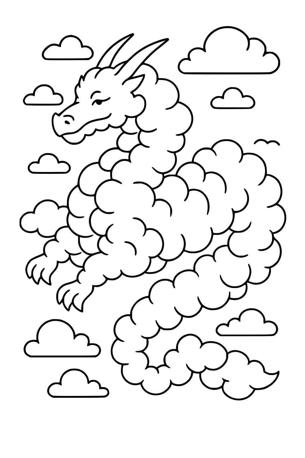 Cloud dragon with horns and small claws floats through sky, long puffy body among cartoon clouds and a tiny bird.