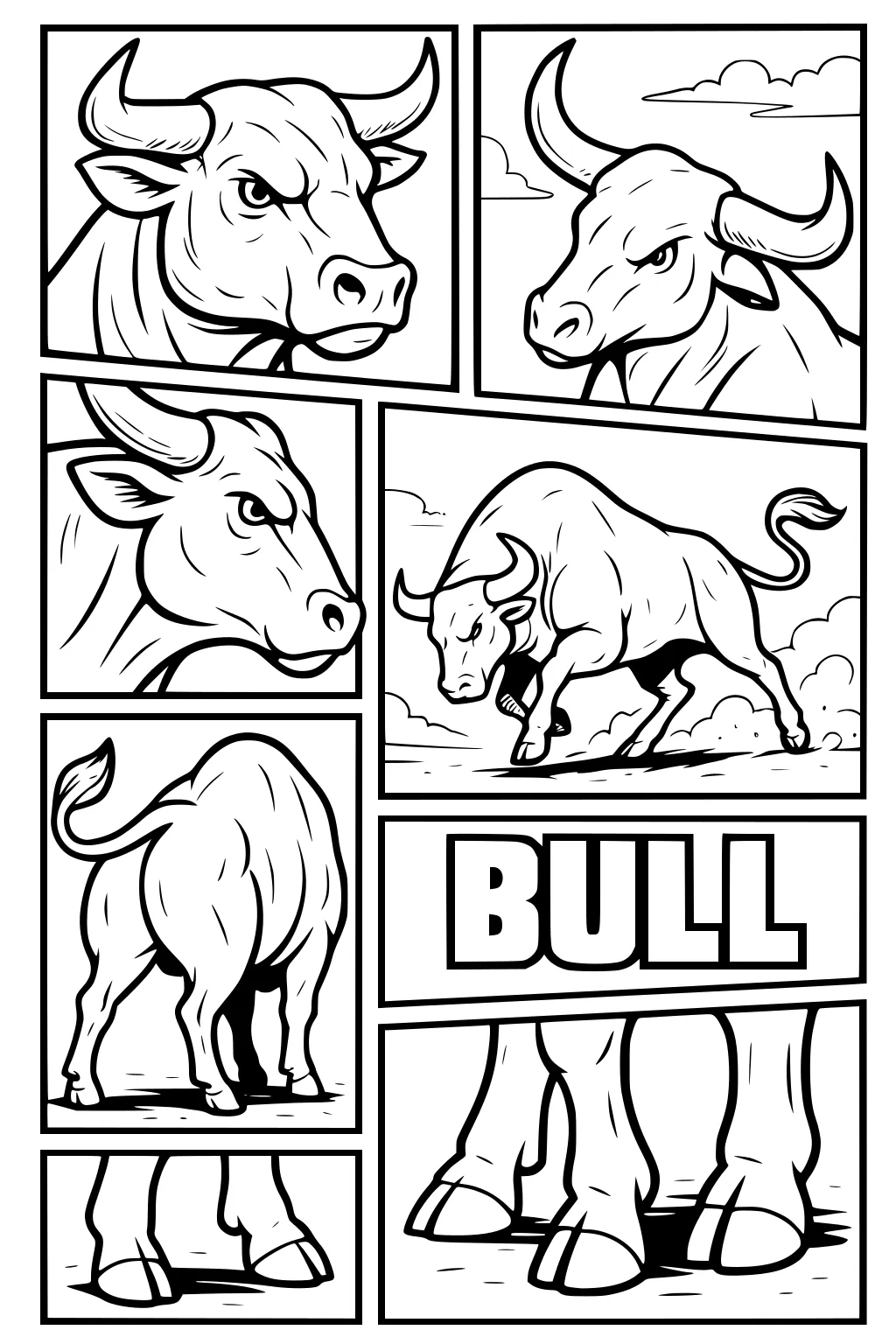 Comic-style panels featuring a bull's face, body, tail, legs, and the word bull in bold letters.