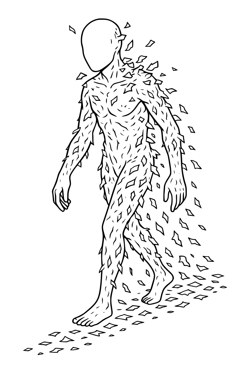 Faceless humanoid monster with diamond scales walking, pieces peeling off and trailing on a plain background.