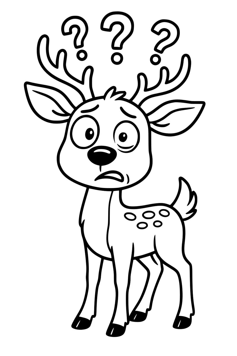 Wide-eyed cartoon deer standing up, looking confused, with question marks above its antlers and spots on its back.