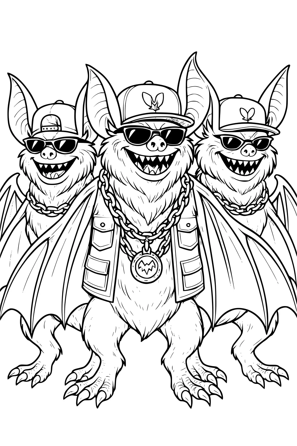 Three cartoon bats in sunglasses, baseball hats, chains, and vests, standing together and smiling with wide mouths.