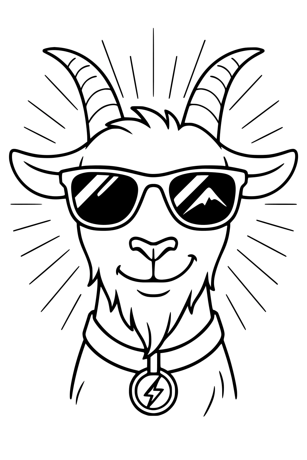 Goat with sunglasses and lightning bolt collar, smiling, horns visible, rays surrounding head, mountain reflected in shades.