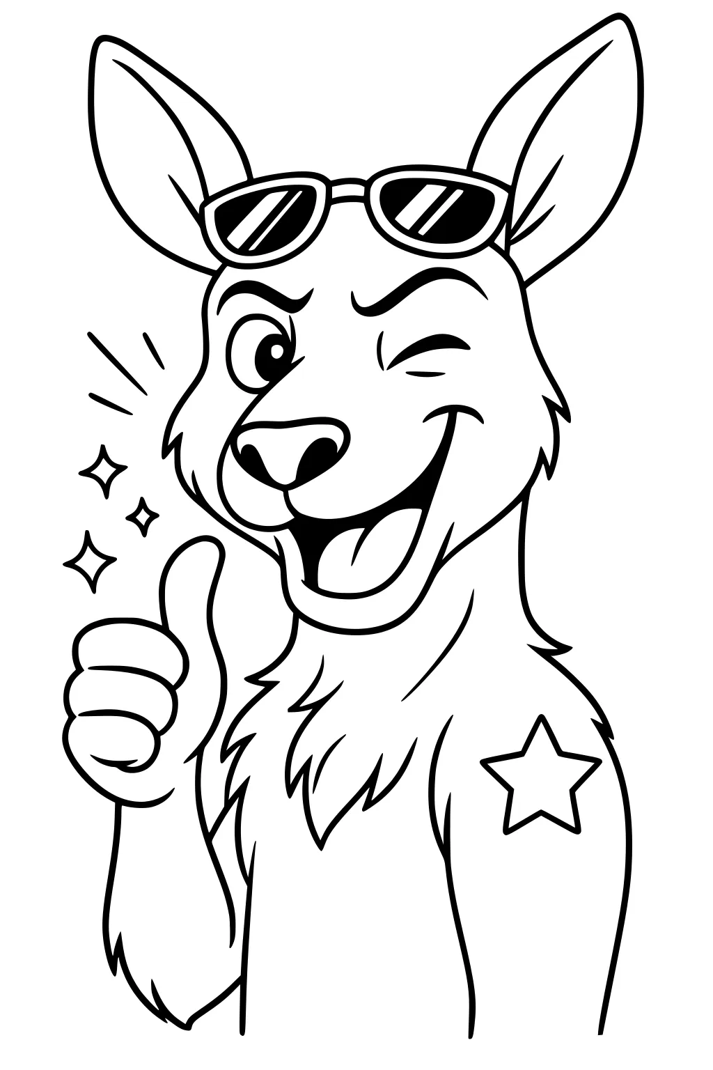 Cartoon kangaroo wearing sunglasses winks and gives a thumbs up, with a star on her shoulder and sparkles next to her hand.