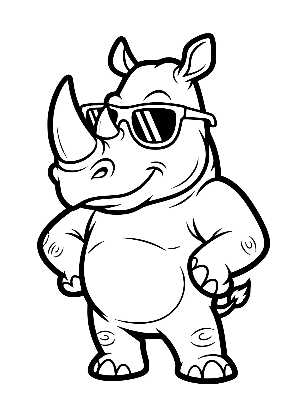 Cartoon rhinoceros with sunglasses, standing upright and smiling, arms on hips, large horn and big ears.