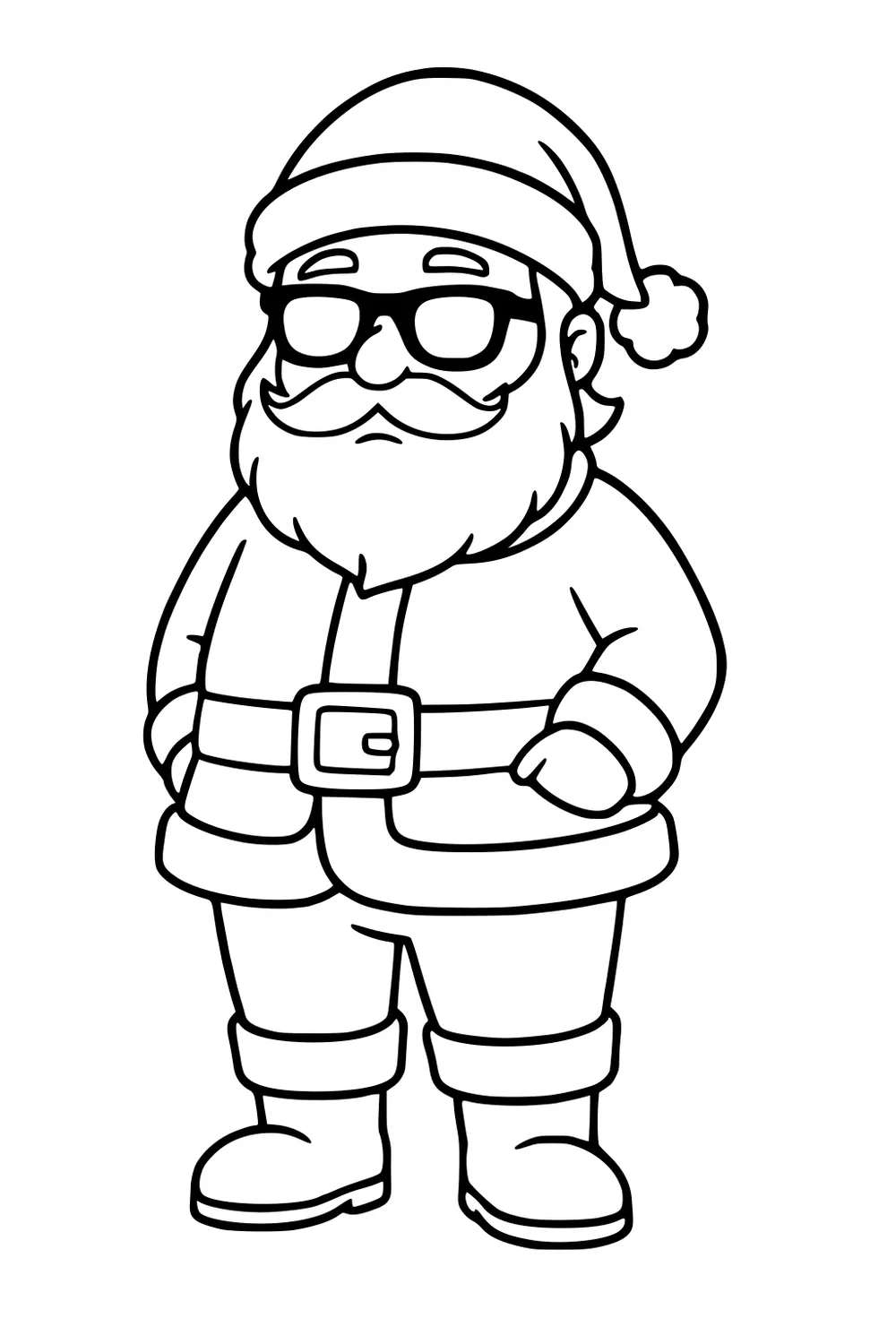 Cartoon Santa wearing sunglasses, pom-pom hat, fur-trimmed coat with belt, gloves, and boots, standing forward in a simple outline.