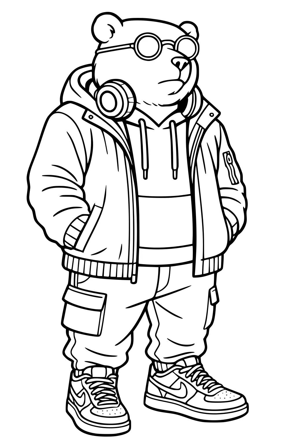 Bear wearing hoodie, jacket, cargo pants, sneakers, round glasses, and headphones around neck, standing upright.
