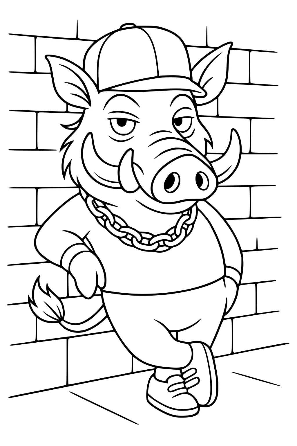 Cartoon warthog in cap and chain leans against wall, one hoof crossed over the other, smiling with sneakers on.