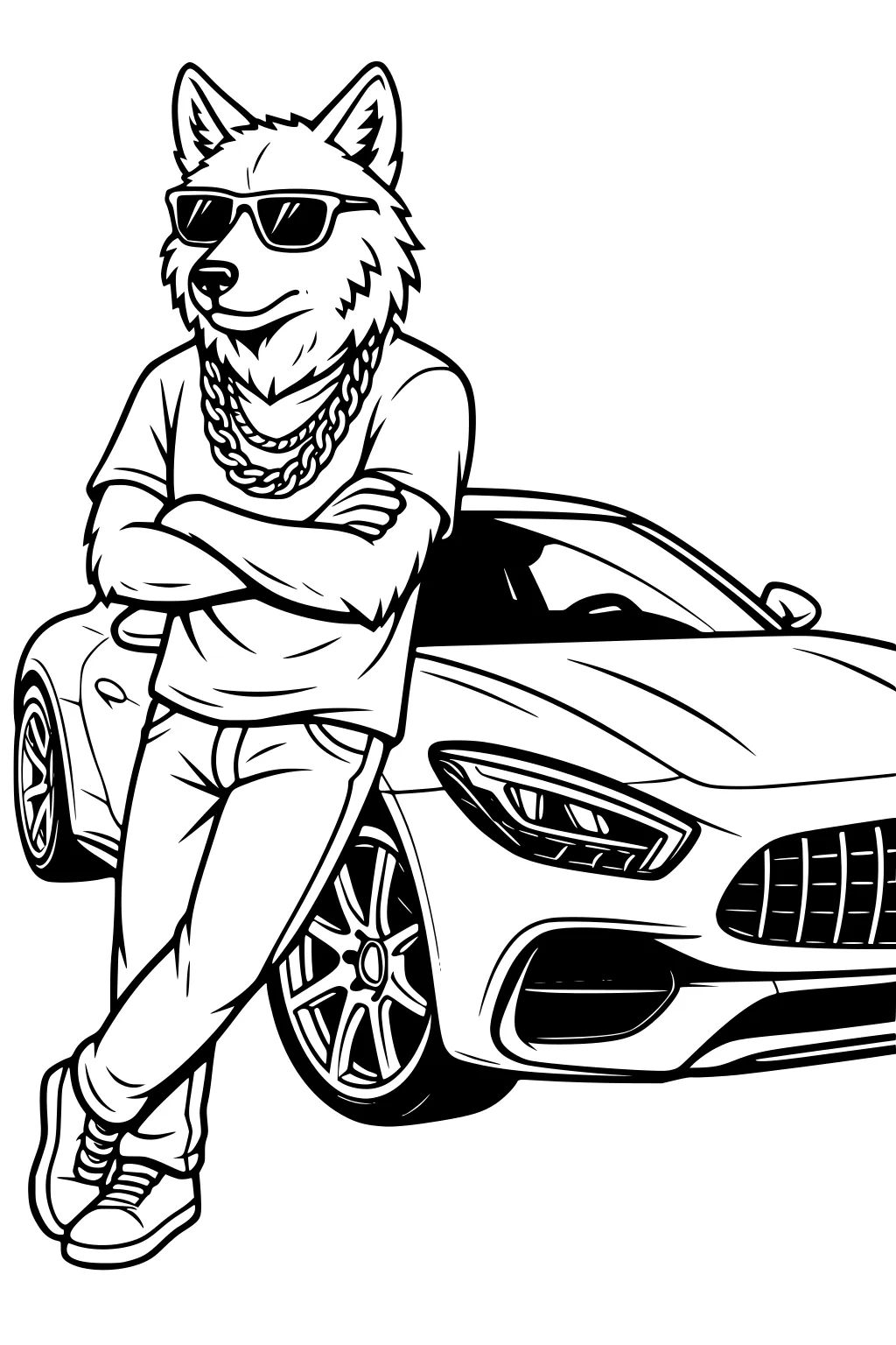 Wolf in sunglasses and chain, arms crossed, leaning on sleek sports car with big grille and detailed wheels.