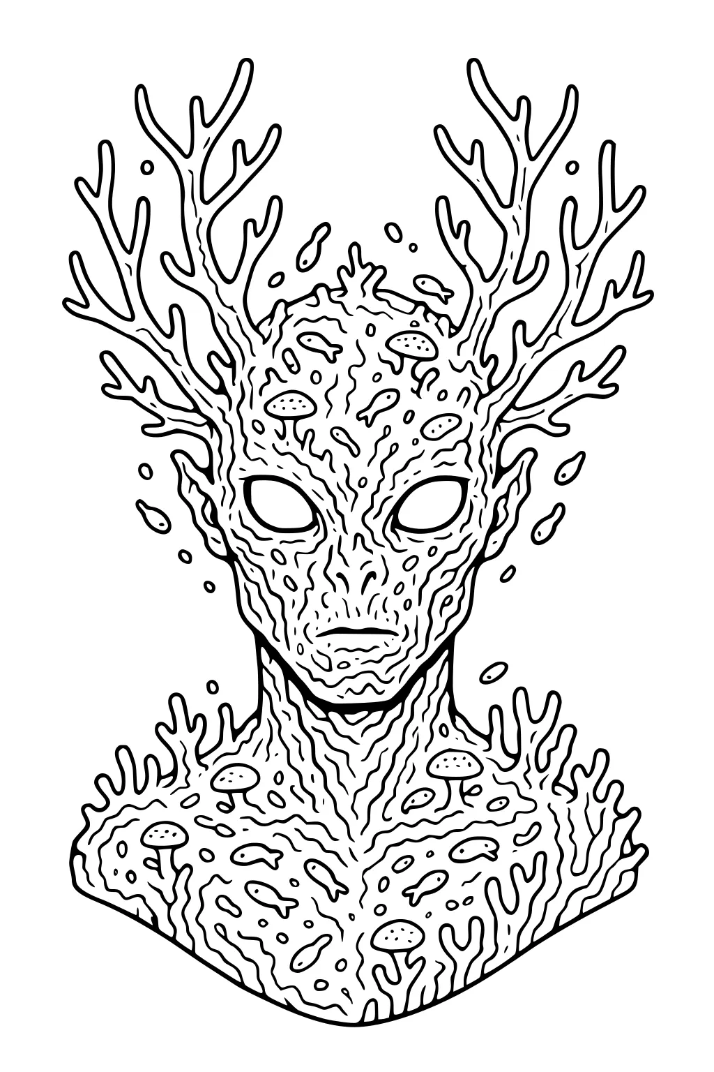 Alien bust with coral antlers, blank oval eyes, wavy textured skin, and small mushroom shapes on head and shoulders, black outline.