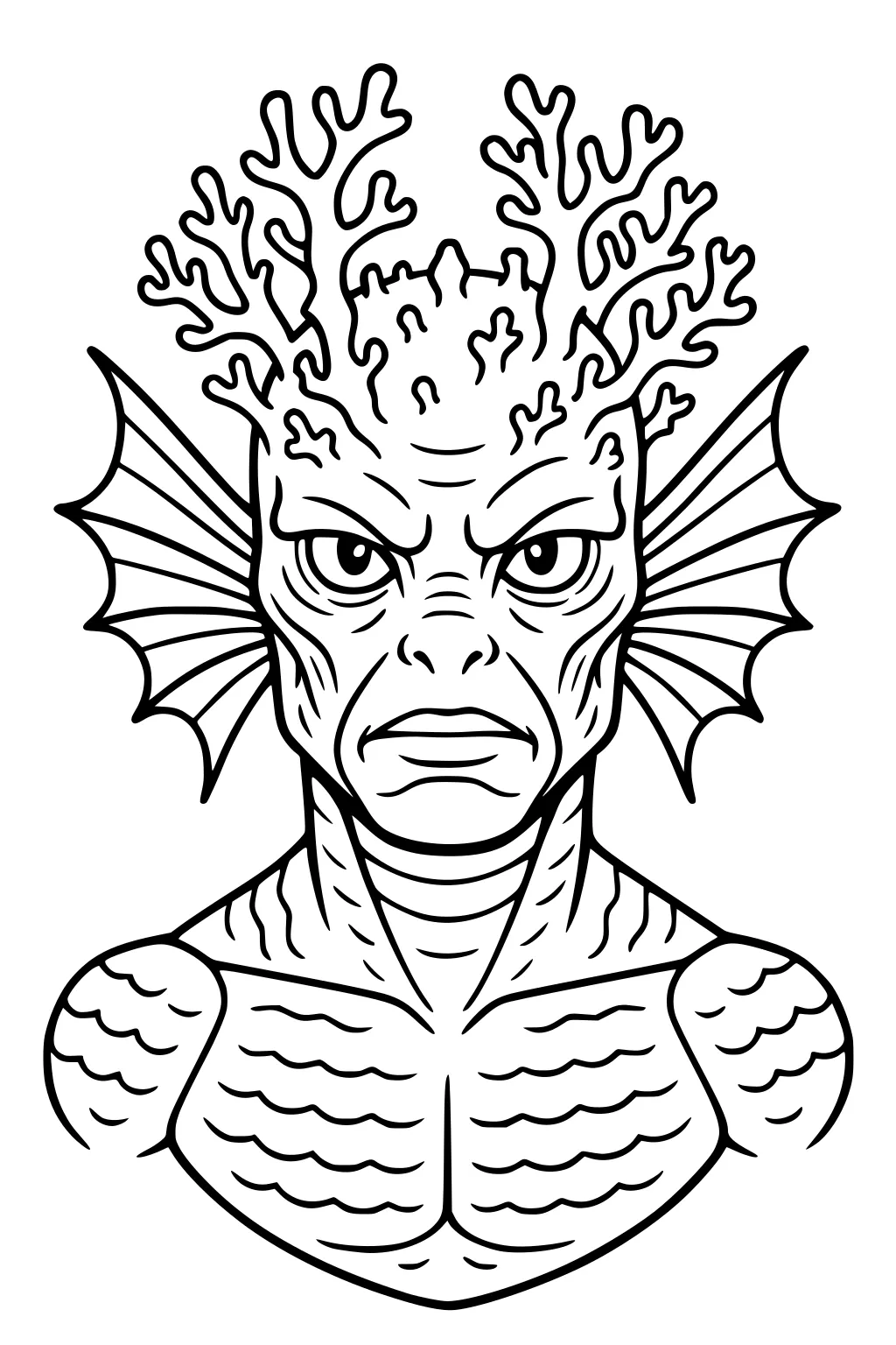 Front-facing sea monster with coral-like horns, webbed fin ears, stern eyes, and a scaly chest in bold outlines.