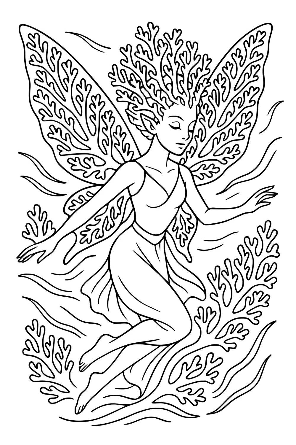 Fairy girl with coral-like wings and hair floats with eyes closed, arms out, in a flowing dress among wavy lines and coral shapes.