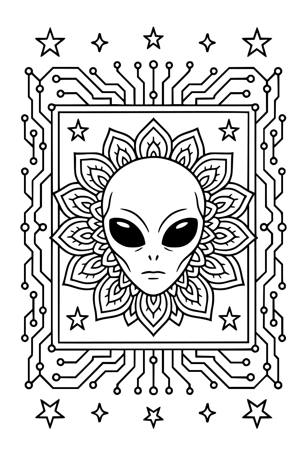 Alien face in a mandala flower with stars, framed by a circuit board border of lines and nodes.