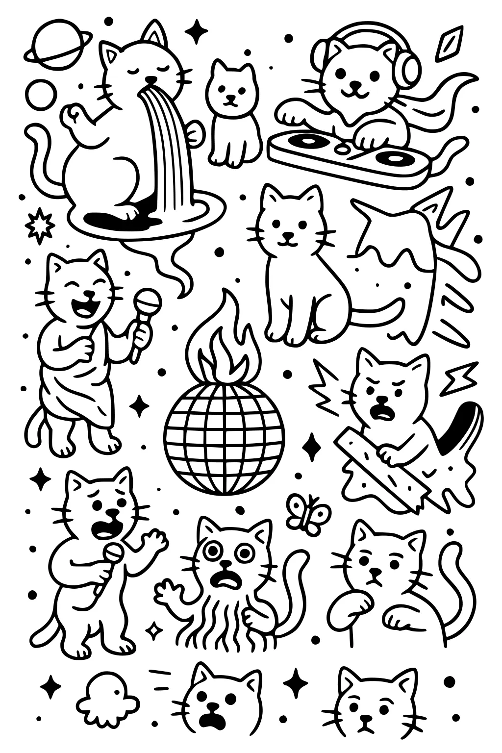 Several cartoon cats DJ-ing, singing, surfing, and making silly faces. Stars, planets, disco ball, butterfly, and small cat shown.