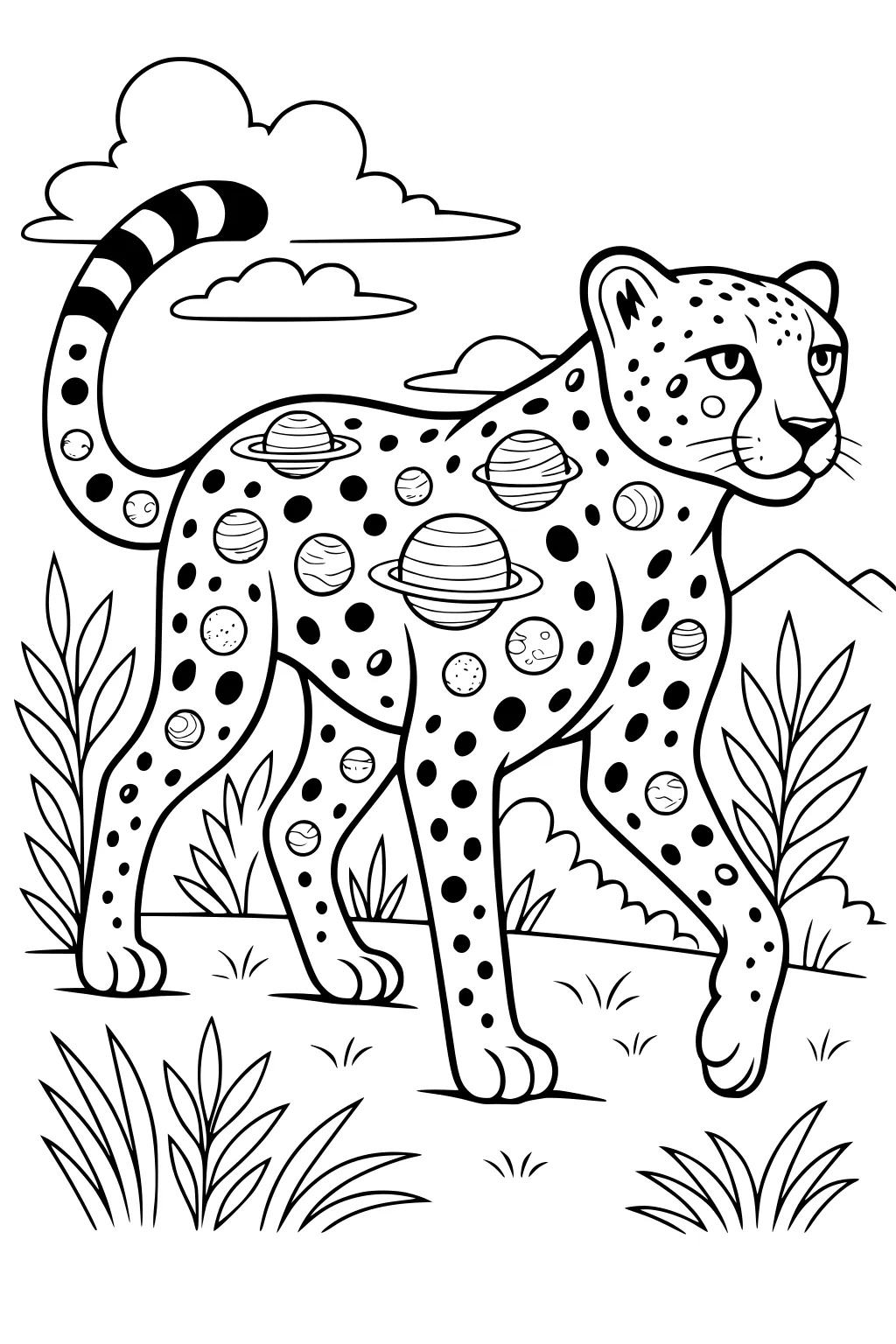 Cheetah with planets for spots walking in grass, with clouds and mountains behind her.
