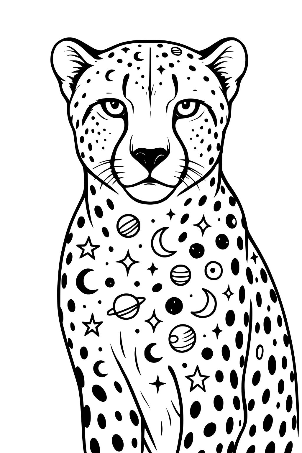 Cheetah facing forward with star, moon, and planet shapes among its spots.