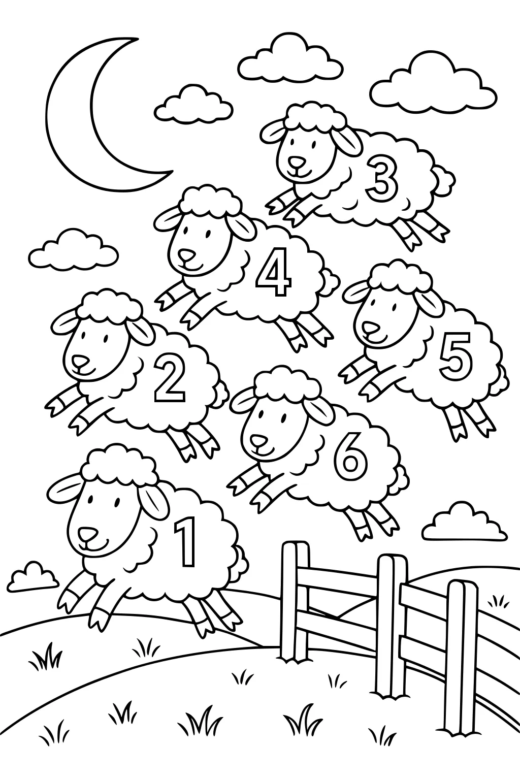 Six numbered sheep jumping over a wooden fence at night, crescent moon and clouds overhead, grass on rolling hills.