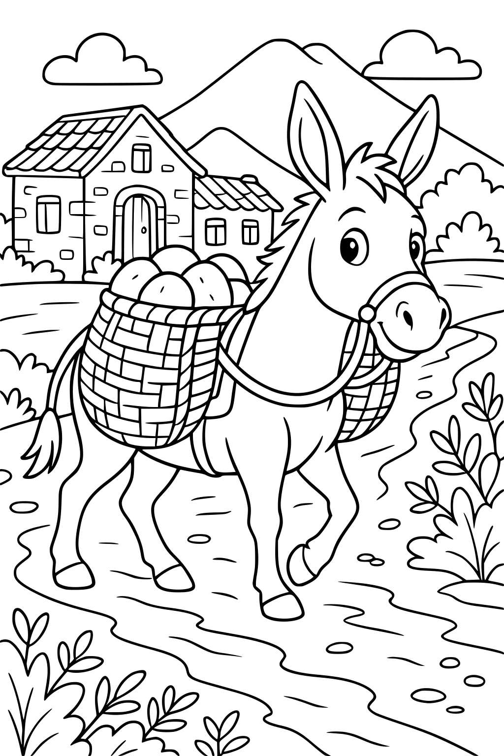 Friendly donkey with baskets on his back, walking near a farmhouse and mountains, with bushes by the path.
