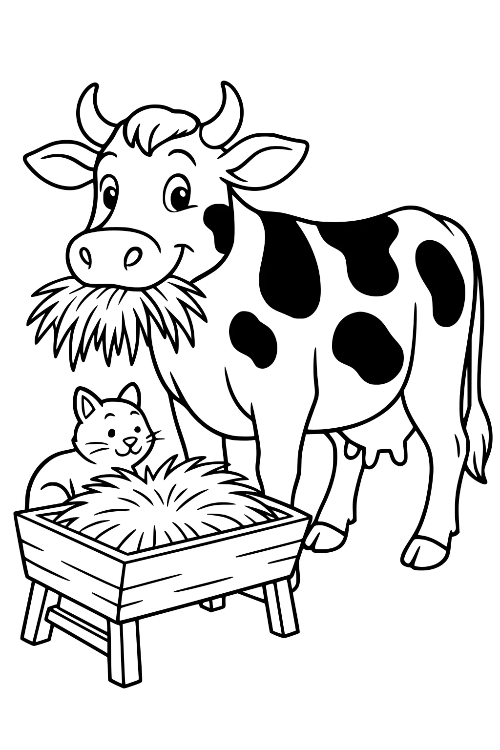 A cow with spots eats hay from a trough while a cat sits beside the hay.