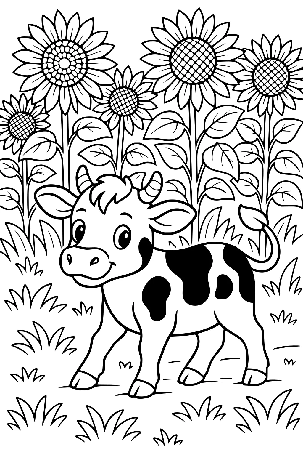 Cow with black spots in front of tall sunflowers and grass, smiling, with curved horns and large eyes.