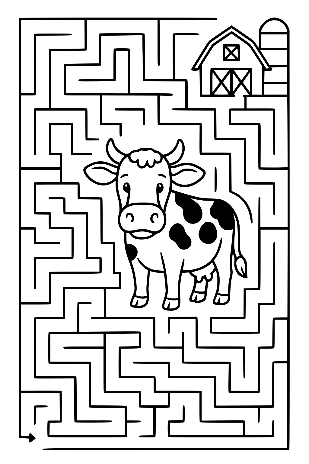 Cartoon cow with spots in a maze, barn and silo at top right corner.