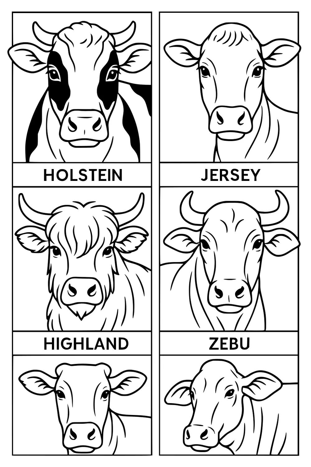 Four cow breed faces in individual boxes: Holstein, Jersey, Highland, and Zebu, with labeled names under each face.