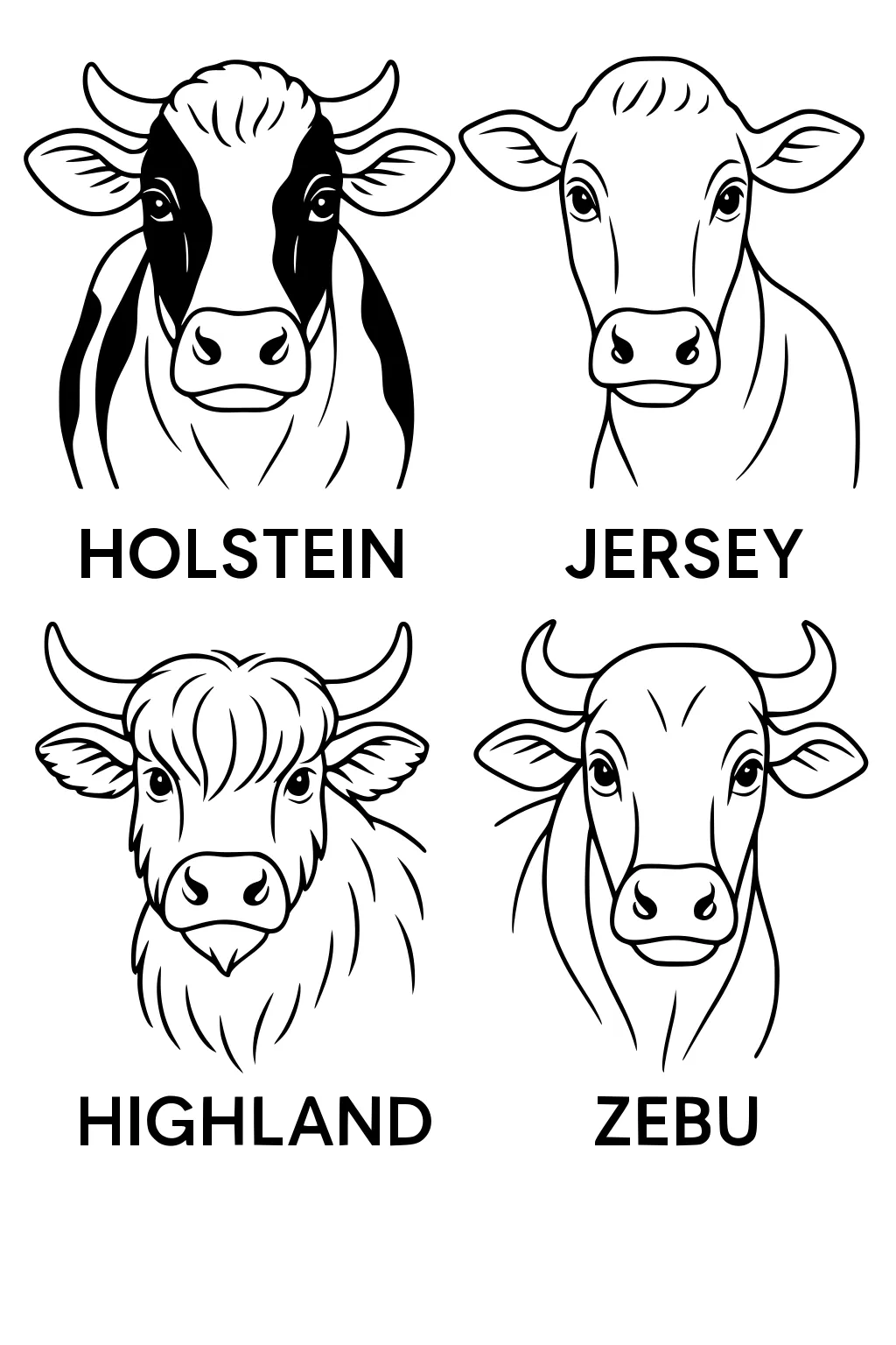 Four cow faces labeled Holstein, Jersey, Highland, and Zebu, all in simple black outlines.