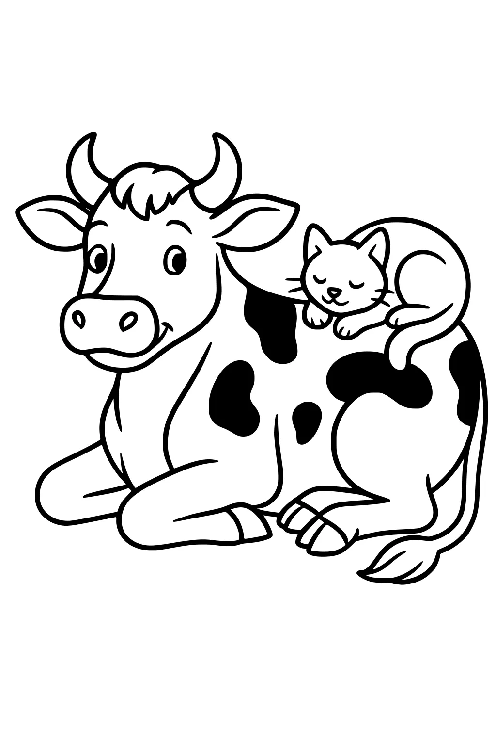 Cow lying on the ground with a kitten curled up and sleeping on the cow's back. Both look relaxed and peaceful.