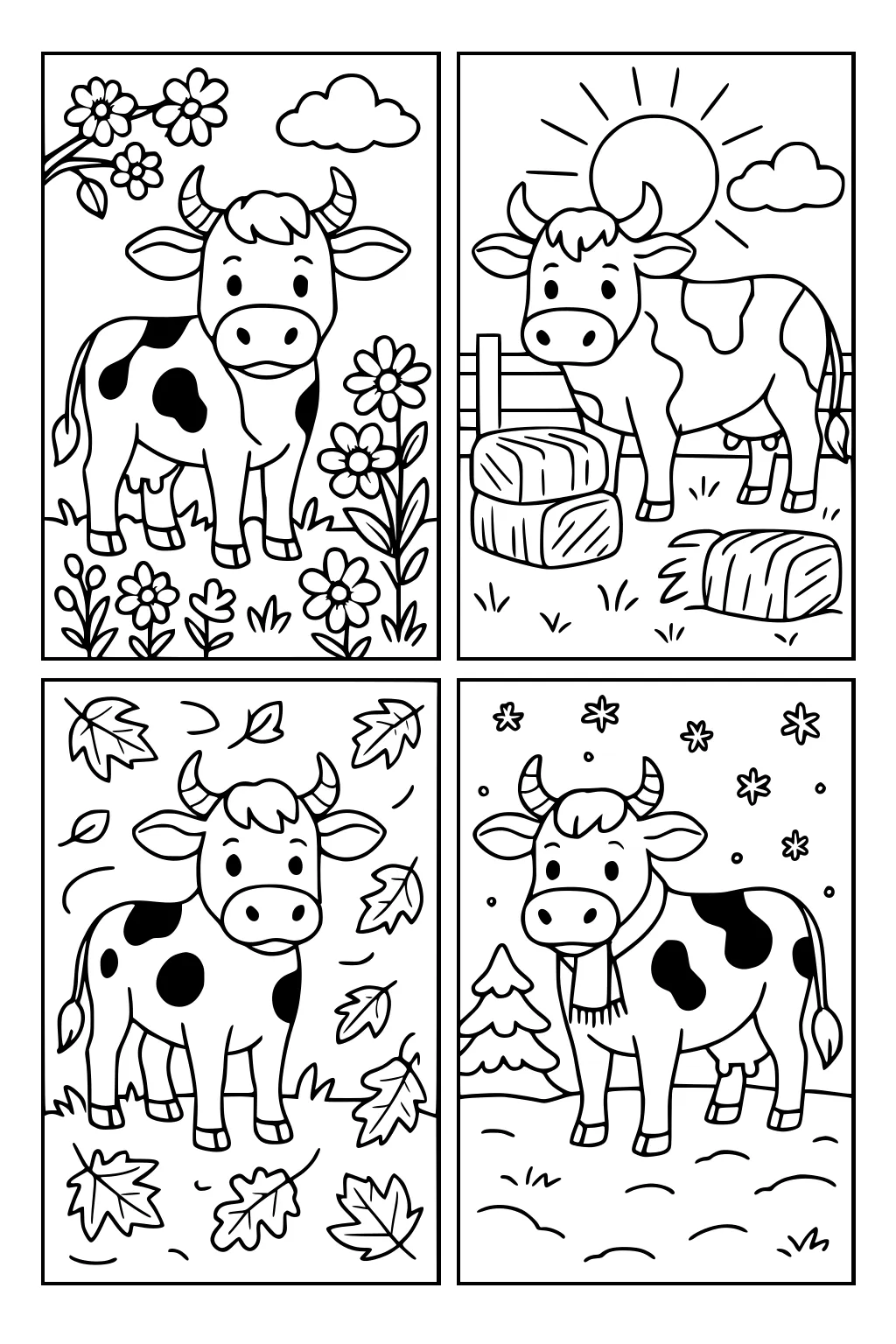 Cartoon cow in four panels showing spring, summer, autumn, and winter scenes with flowers, sun, leaves, and snow.