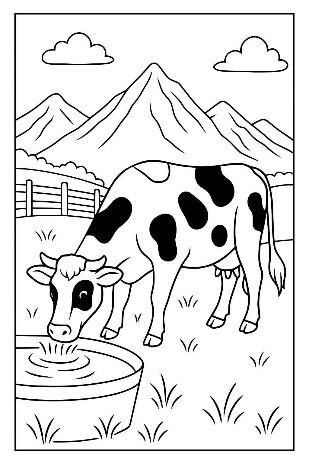 Cow with black spots drinking from a trough in a grassy field, with mountains, fence, and clouds in background.