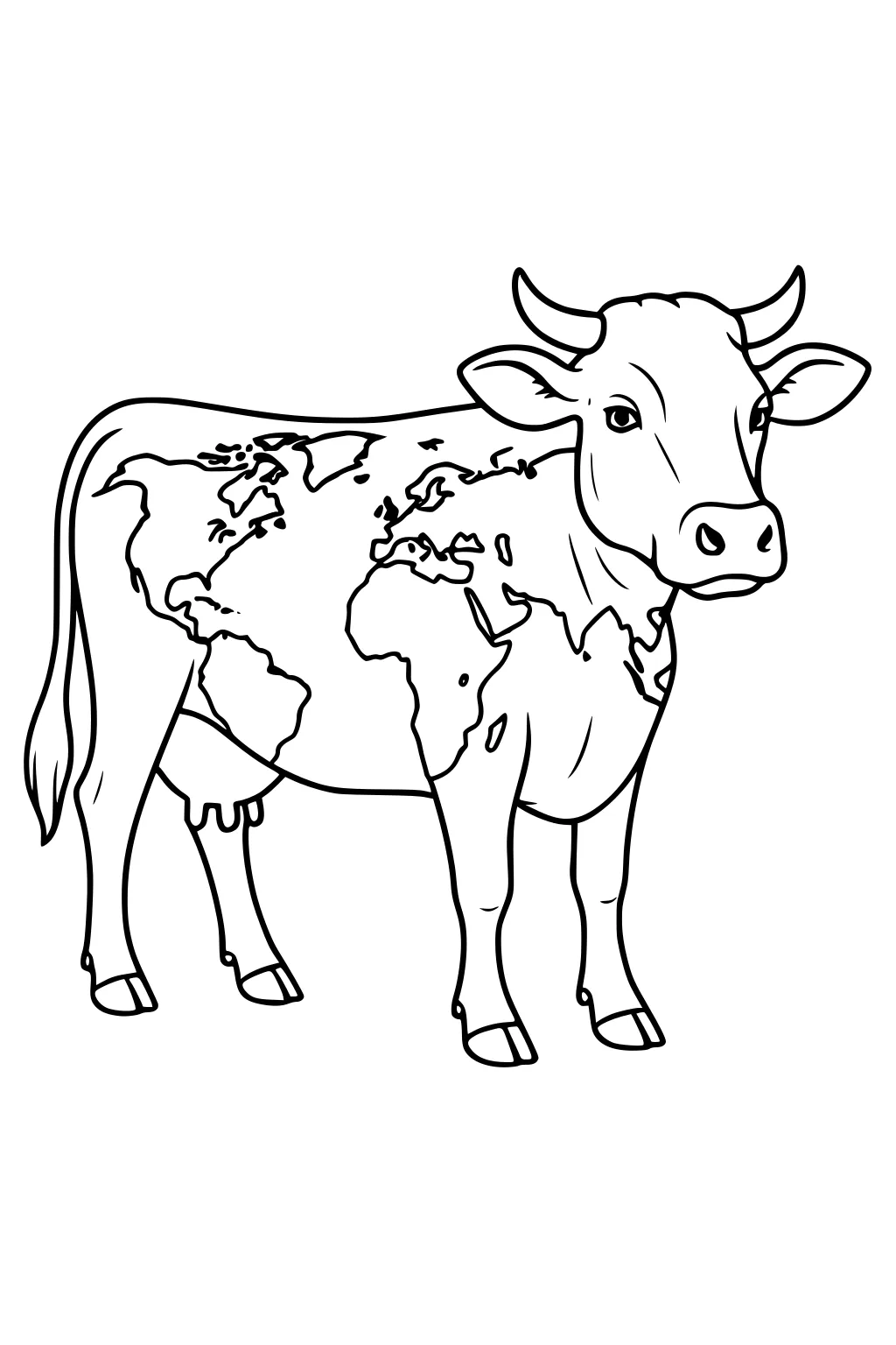 Cow standing with a world map pattern covering her body, facing forward with visible horns and tail.