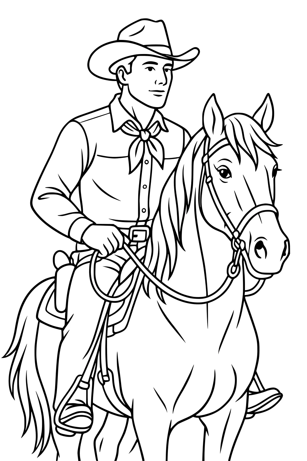 Cowboy with neckerchief and hat riding a saddled horse, holding reins. The horse has a long mane and alert ears.