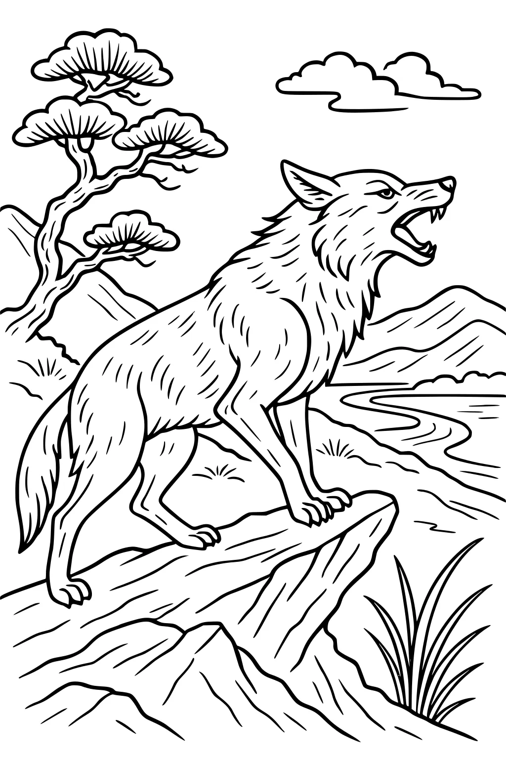 Coyote standing on a rock, mouth open, with trees, grass, mountains, and clouds in the background.