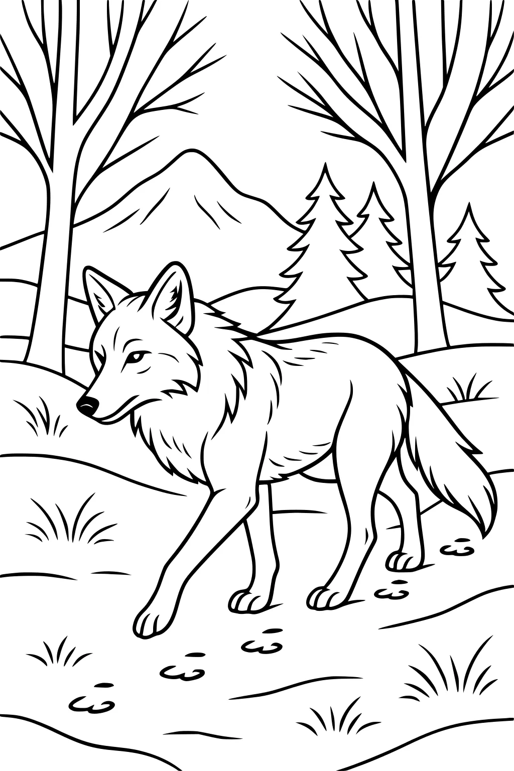 Coyote walking on a path with paw prints in a grassy landscape with trees and mountains.