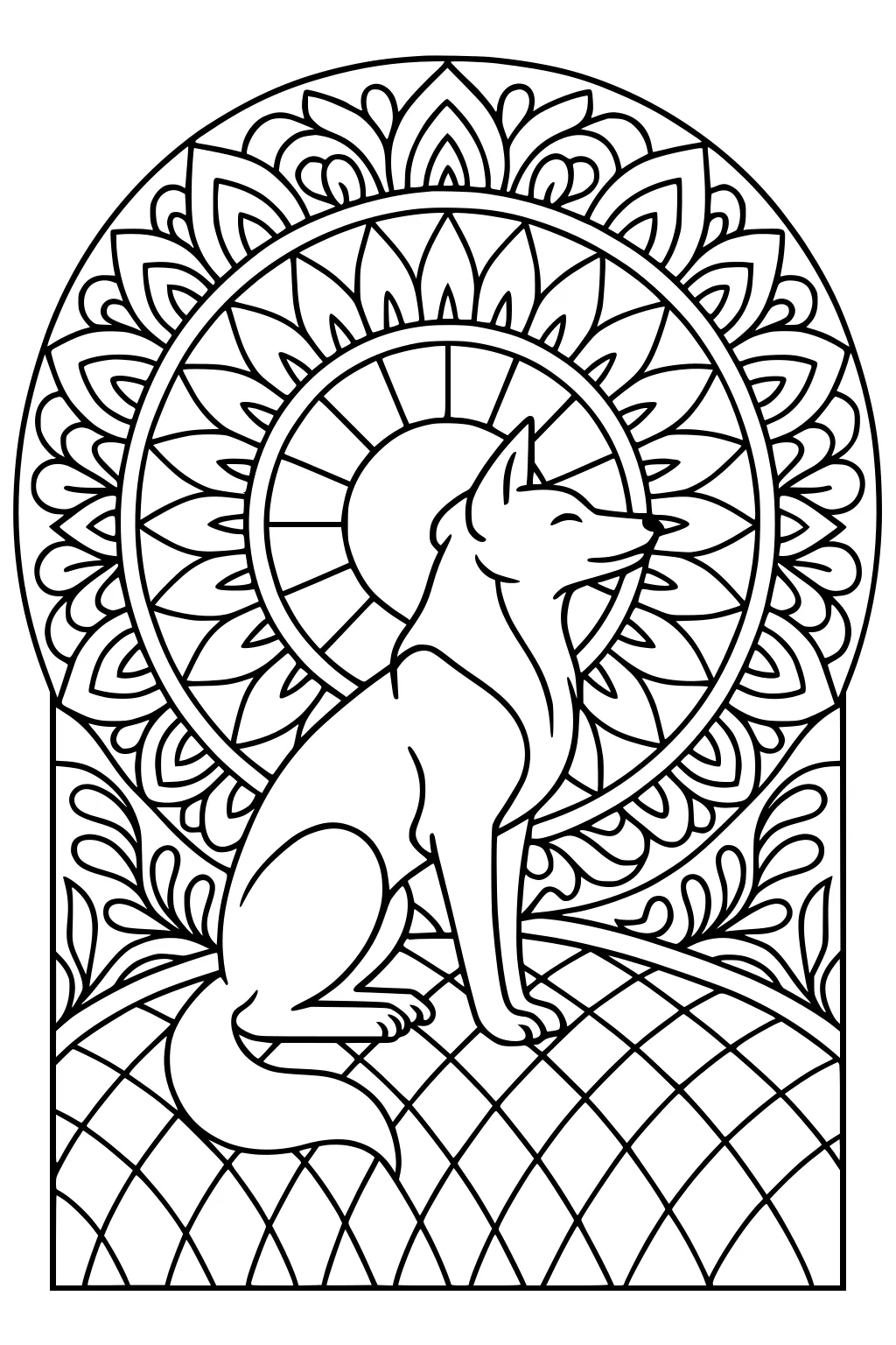 A coyote sits with head tilted back in front of a large sun and mandala flower shapes, on a patterned hill.