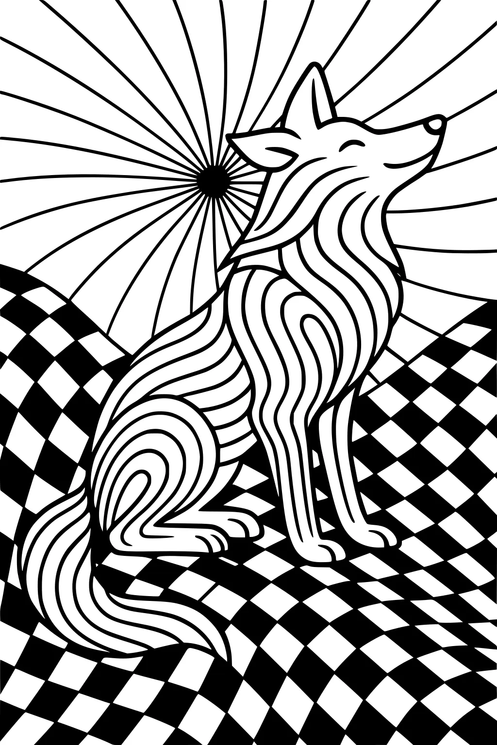 Coyote with swirly fur sits on a wavy checkerboard hill, sunburst lines radiate from a black circle in the sky.