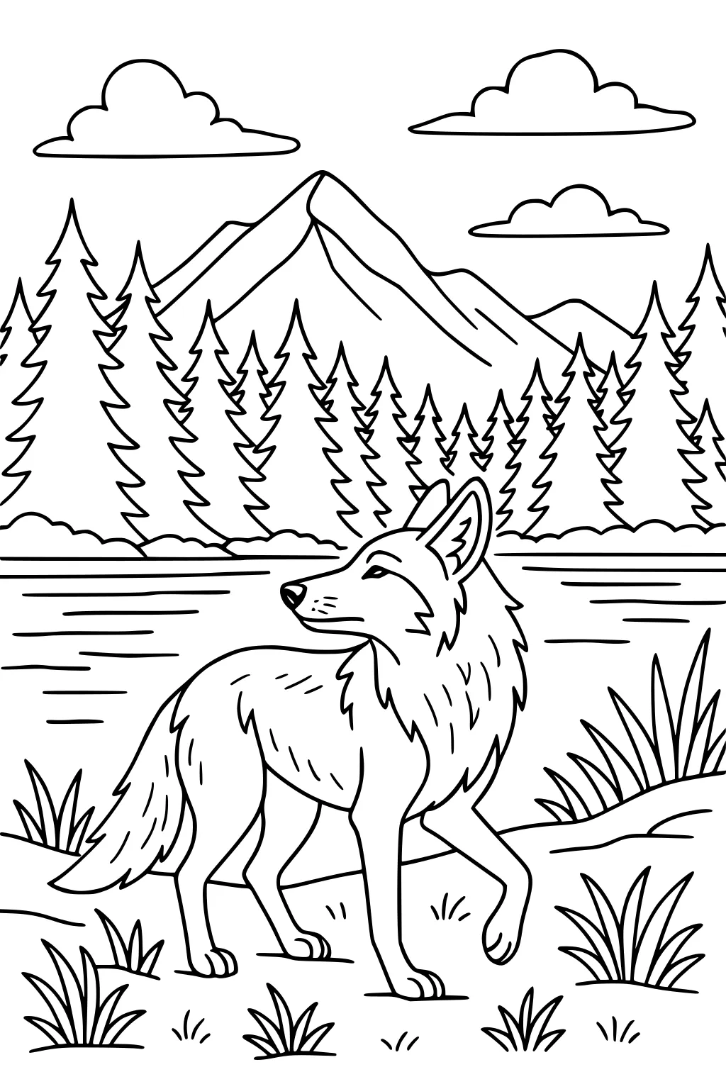Coyote standing near a lake with grass, pine trees, mountains, and clouds in the background.