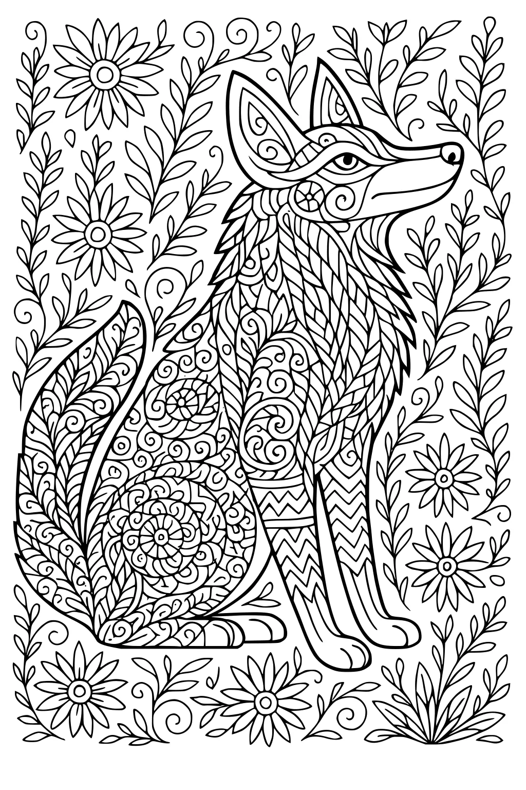 Coyote with swirling patterns sits in flowers and leafy vines, decorated with swirls, leaves, zigzags, and circles.