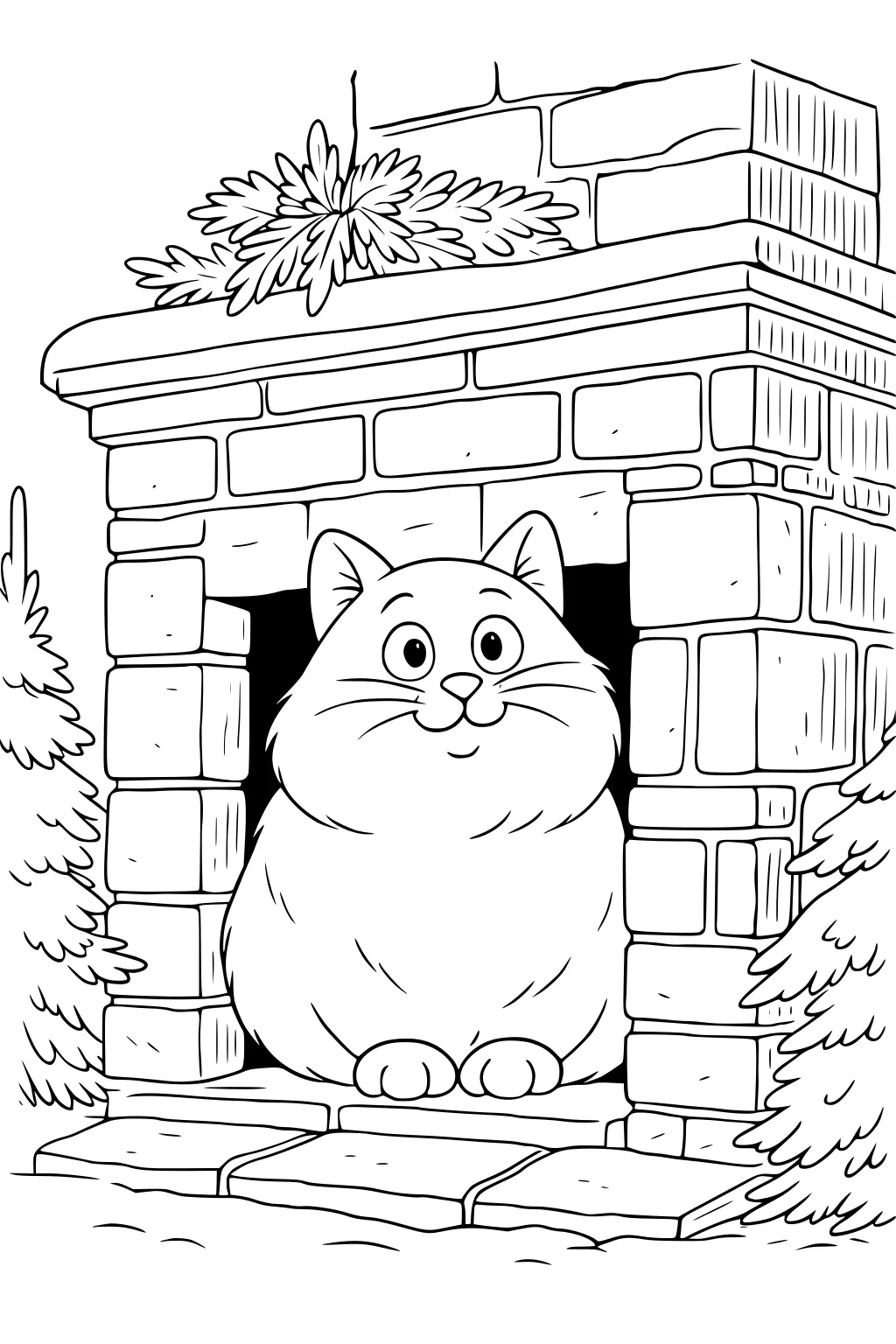 Plump cat sitting inside a brick archway, paws visible, with leafy bushes and stone floor around the scene.