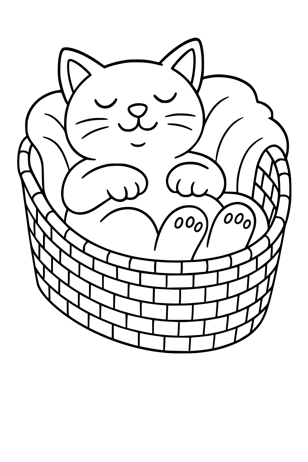 Sleepy cat with closed eyes curled up in a round woven basket, paws relaxed, soft pillow lining around her.