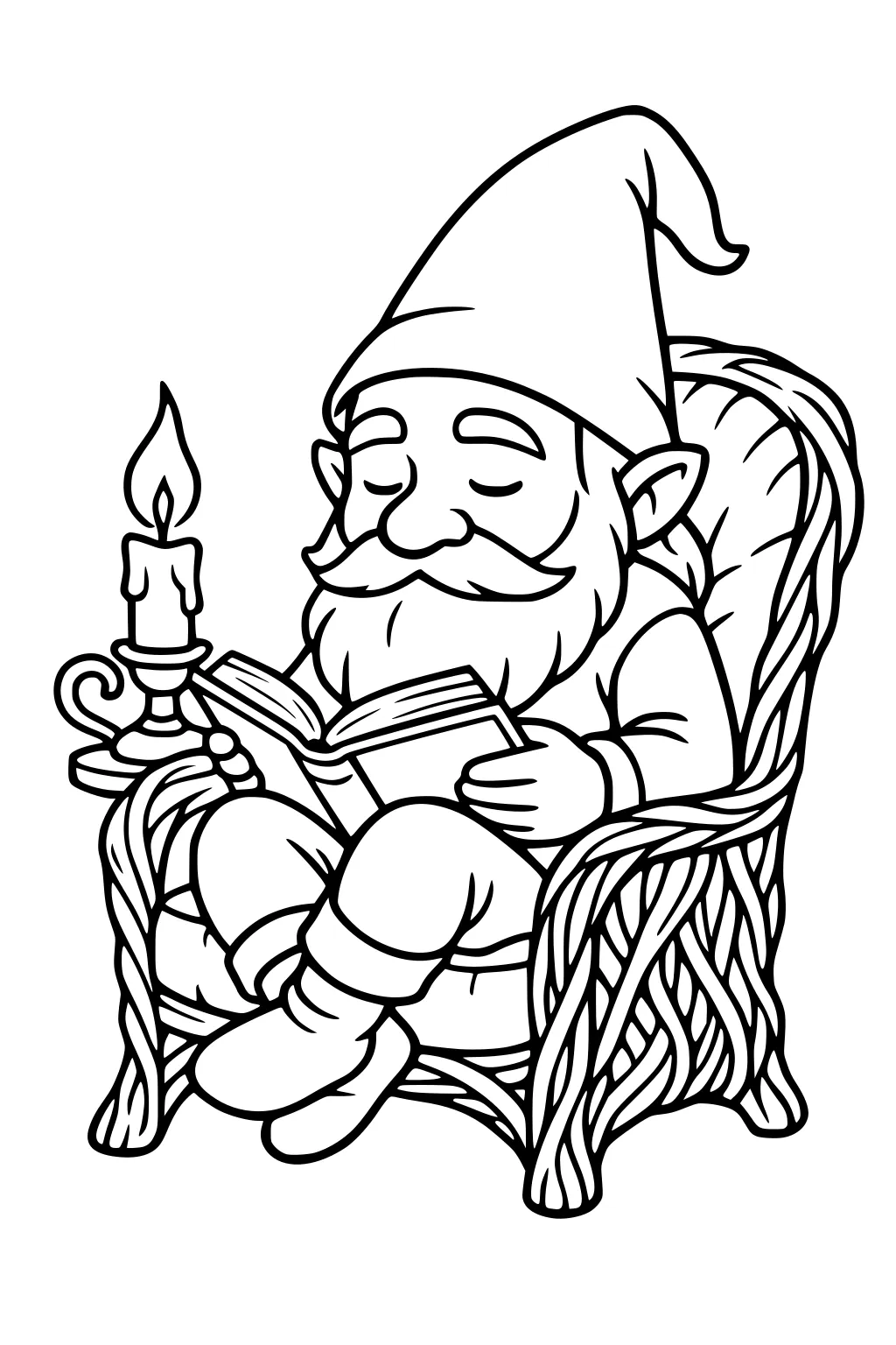 Gnome with tall hat and beard reading a book in a wicker chair beside a lit candle on a small table.