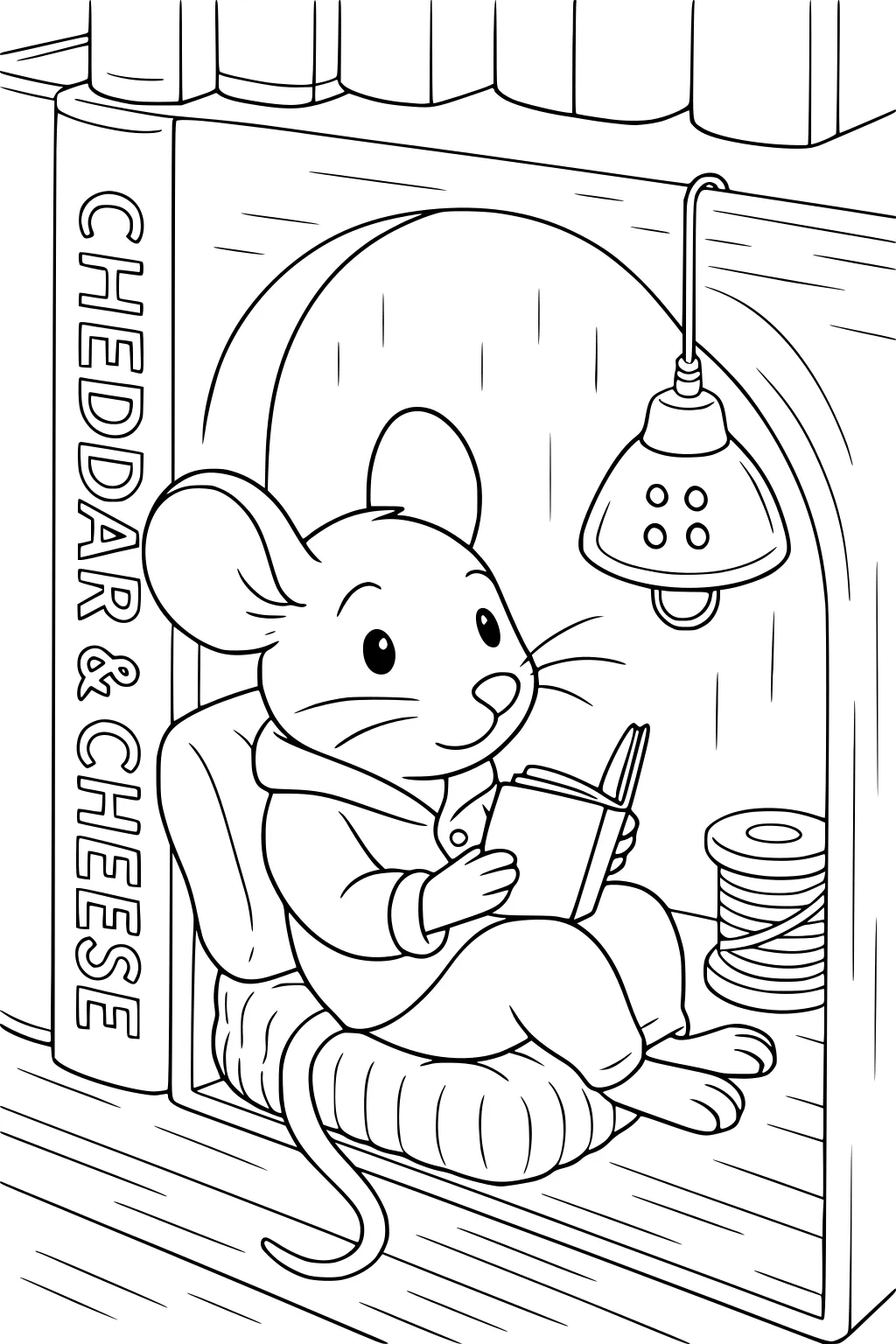 Mouse reading in a book nook with a cushion, lamp, spool of thread, and a book labeled CHEDDAR & CHEESE.