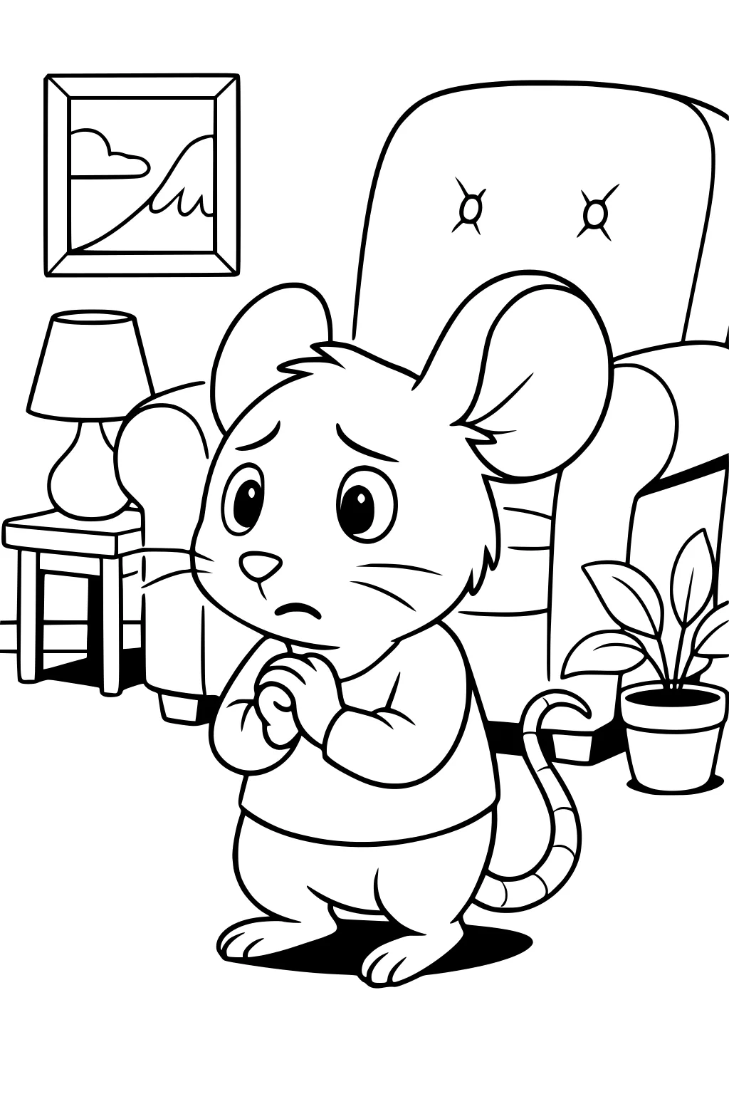Worried mouse standing in front of chair, with lamp, table, potted plant, and wall art in the background.