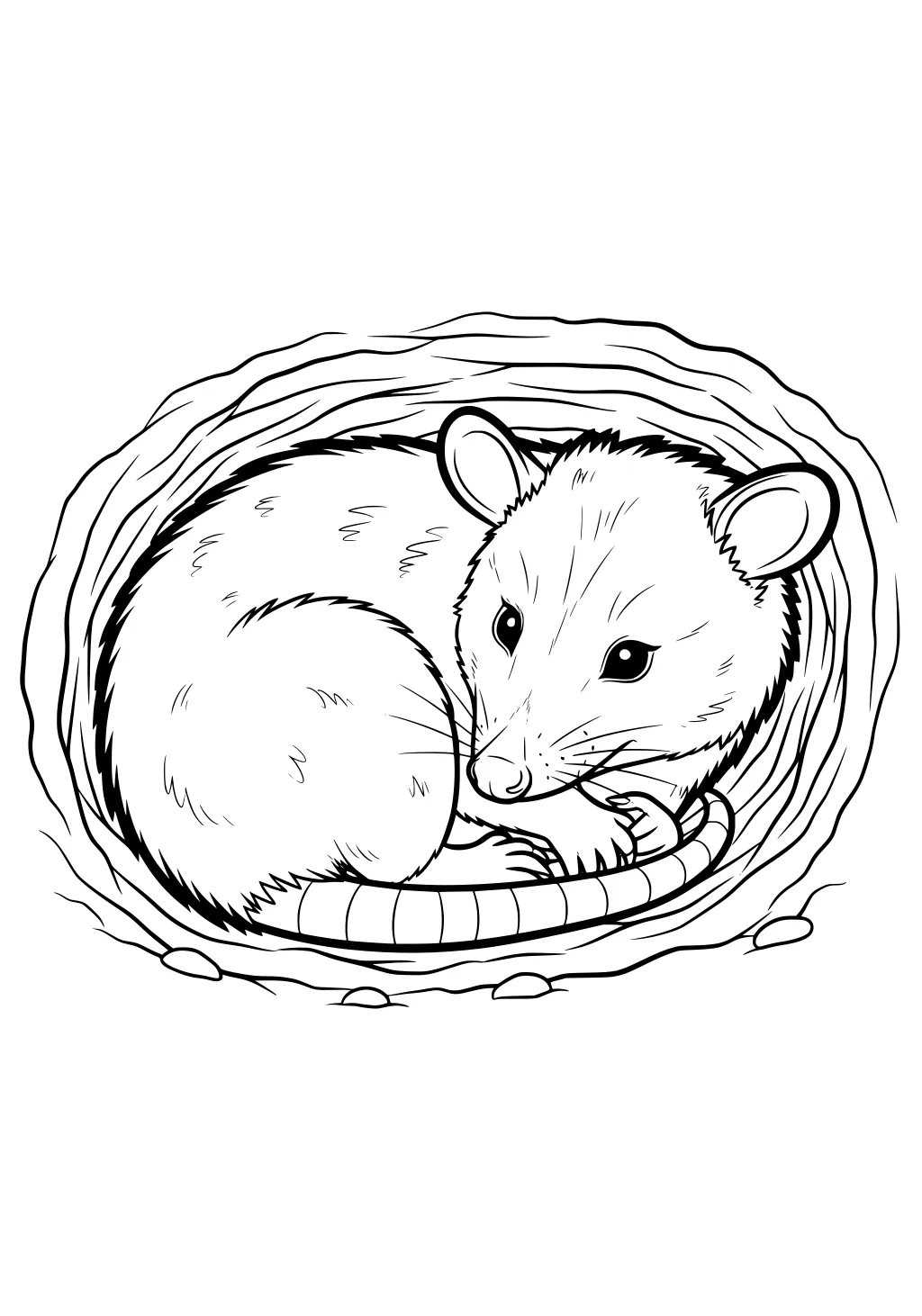 Opossum curled in a nest with wood rings, tail wrapped around itself, and alert eyes facing outward.