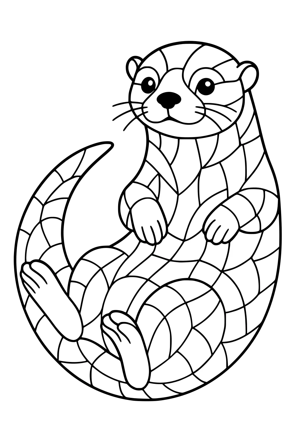Cartoon otter with segmented fur lying on its back, round face, whiskers, and big eyes looking up.