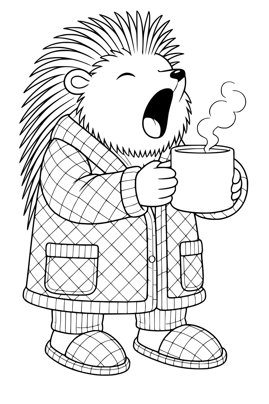 Porcupine in robe and slippers yawning and holding a steaming mug.