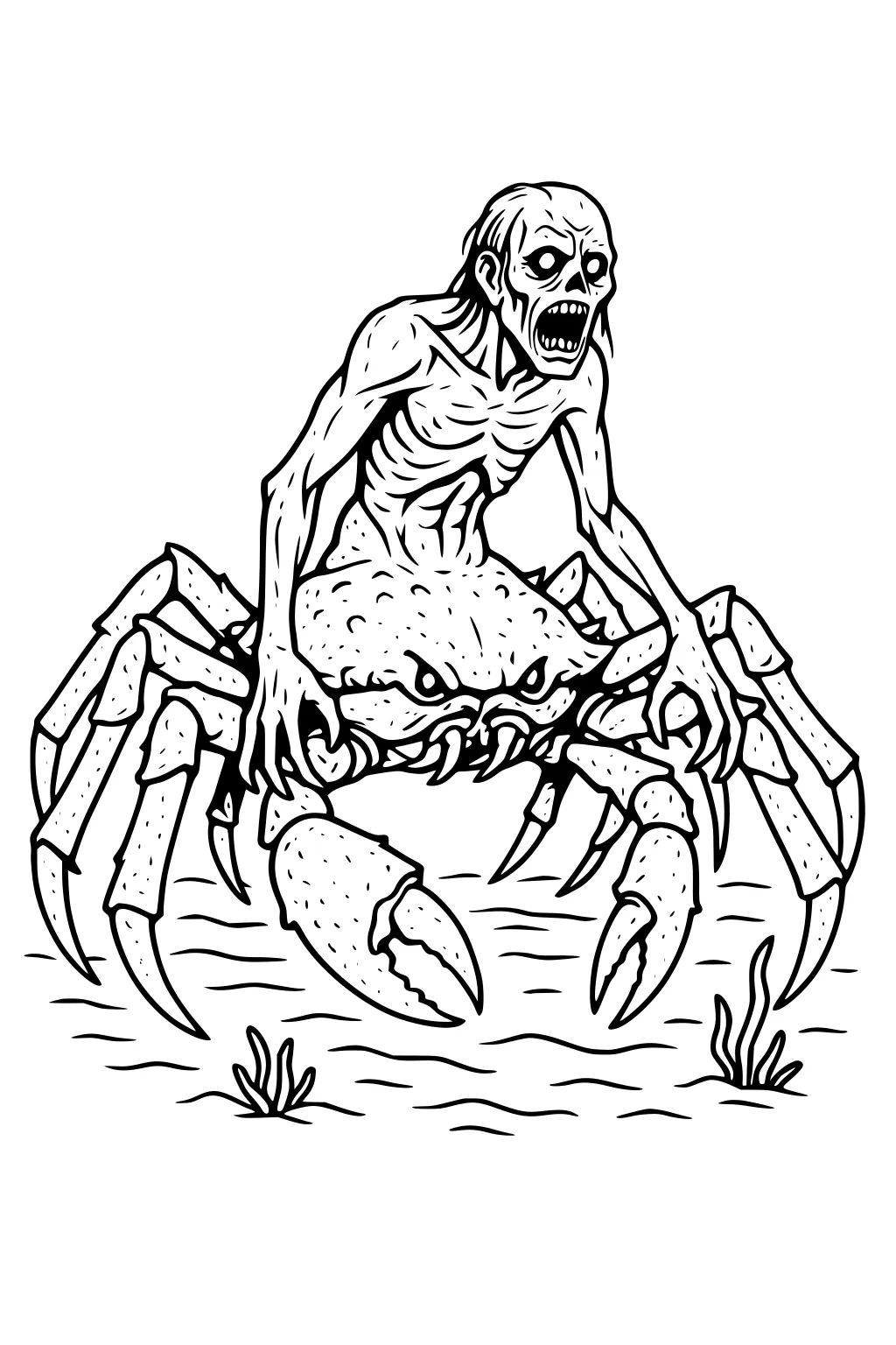 Giant crab monster with heavy claws and slitted eyes, ridden by a bony sea creature boy in shallow water with two seaweed tufts.