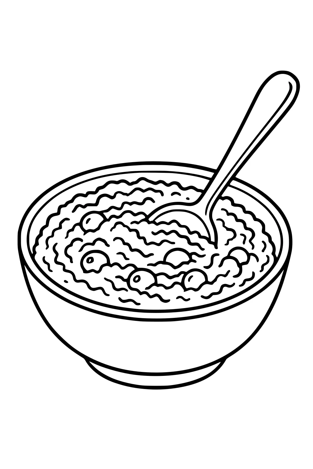Bowl filled with wavy cranberry sauce and whole berries, a spoon resting inside, simple outlines on a blank background.