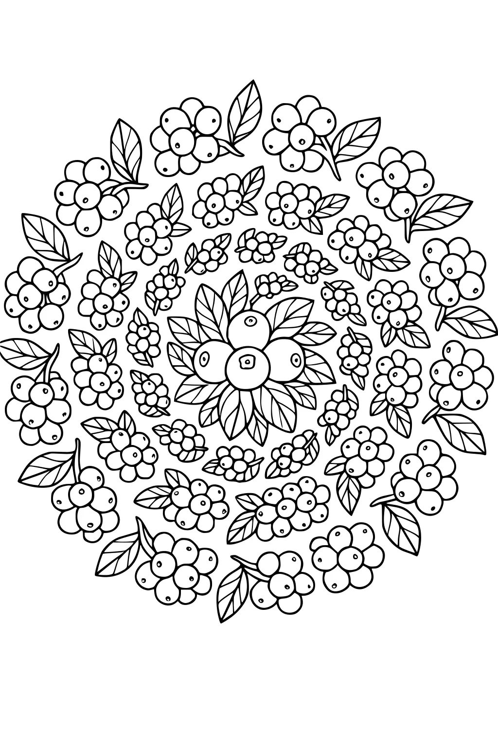Cranberry wreath mandala of berry clusters and leaves in circles, with three berries and layered leaves at the center.
